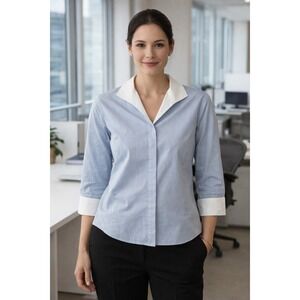 Lafayette 148 Size 6 Blue Shirt | White Trim 100% Cotton Blouse 3/4 Sleeves